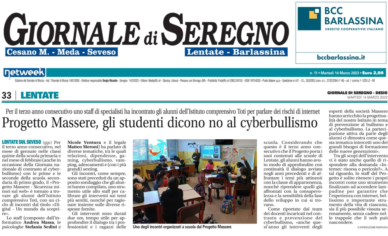 Progetto MASSERE - Dicono di Noi - Gli studenti di Lentate dicono no al cyberbullismo con Progetto MASSERE